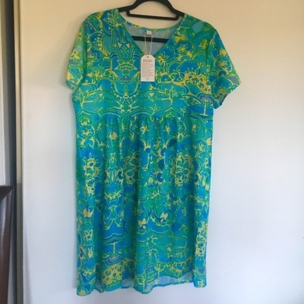 Blue Green V Neck Tunic Mid Length Short Sleeve Dress